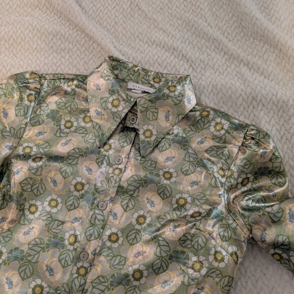 Halloween 🎃 Disco Queen xs Vibrant Metalshine Blouse w/Puff Sleeves 70's Vibe - Picture 2 of 9